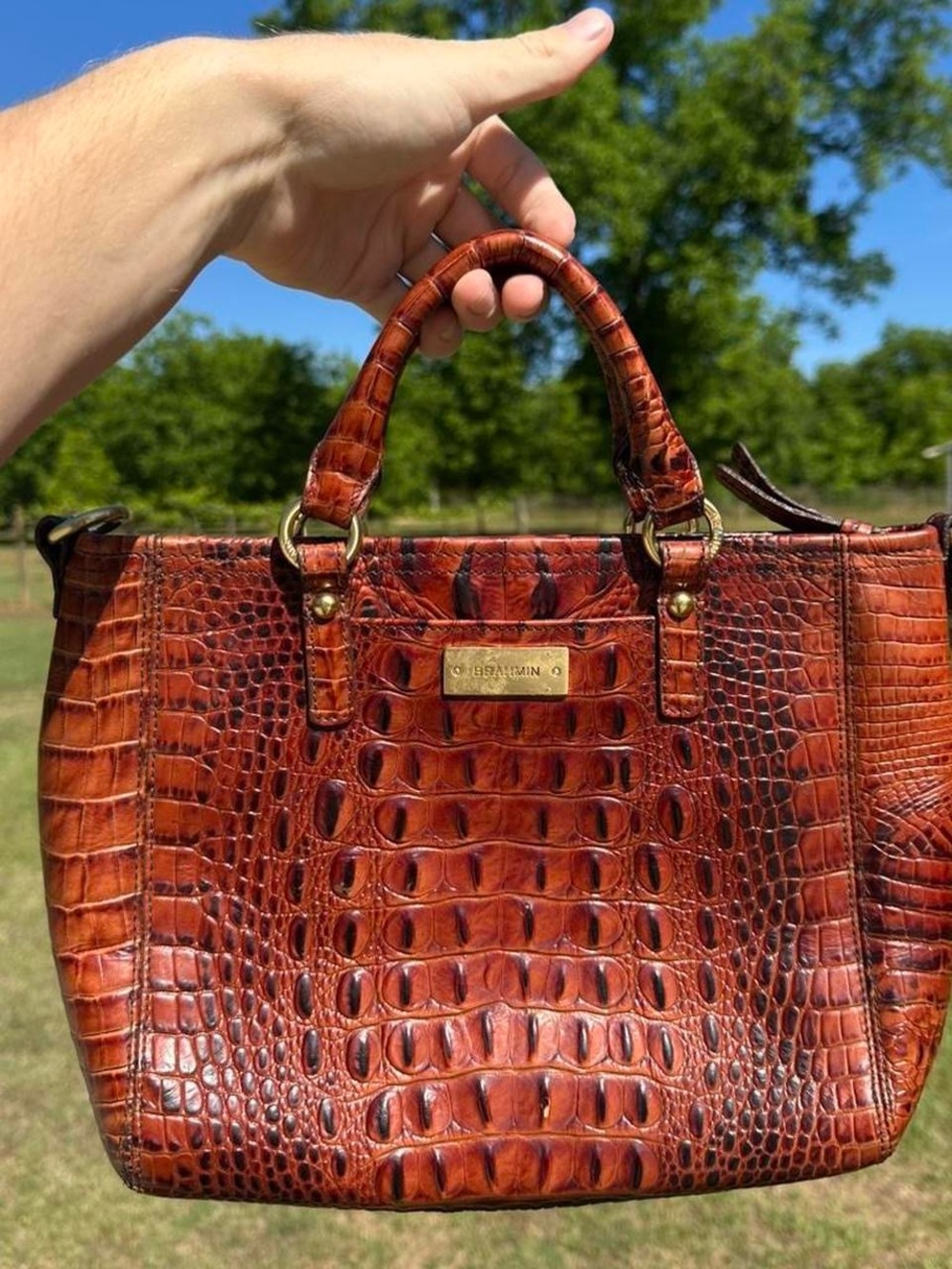 Brahmin Burnt Orange Croc-Embossed Leather Satchel